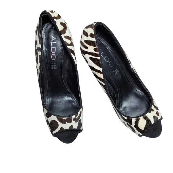 Aldo Faur Fur Leopard Print Peep Toe Genuine Leather Stiletto Heels 8 - Picture 8 of 9
